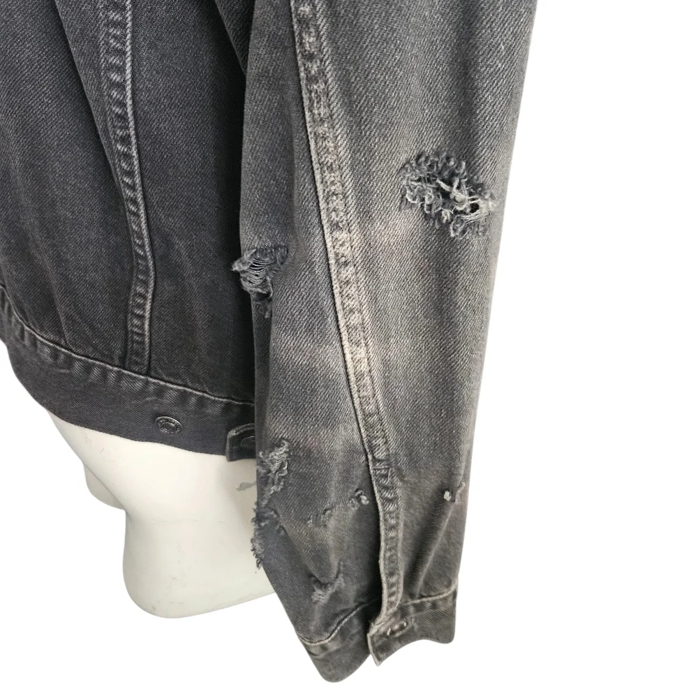 Free People Distressed Denim Jacket Black S (Fits Like M) Thrashed Grunge Skater - Picture 5 of 15